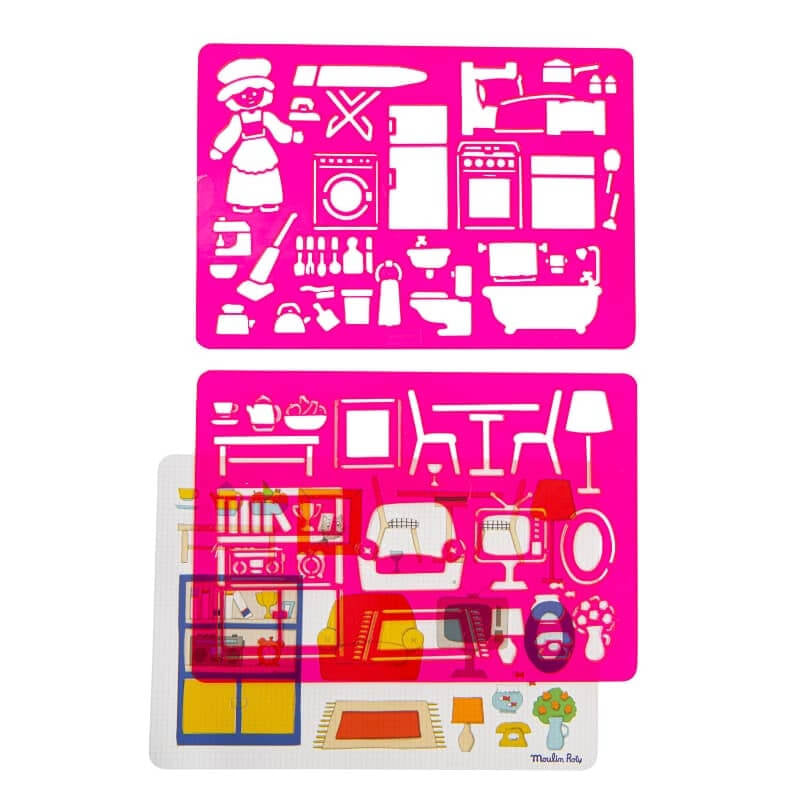 Moulin Roty Aujourd'hui c'est Mercredi Stencil Set - In The House 27x19cm