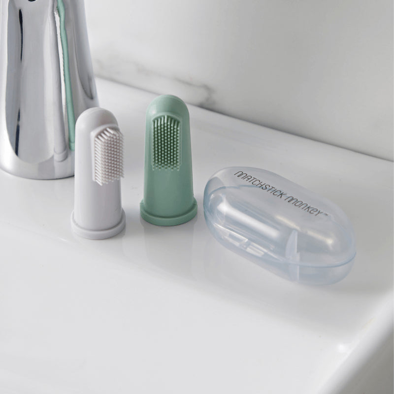 Matchstick Monkey Finger Toothbrush With Portable Case - Grey & Mint Green