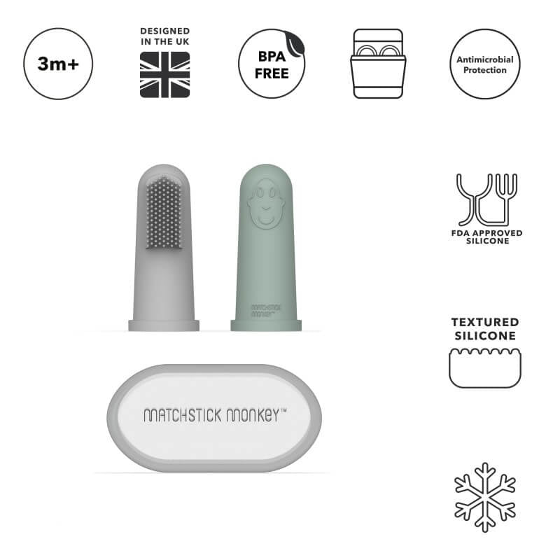 Matchstick Monkey Finger Toothbrush With Portable Case - Grey & Mint Green
