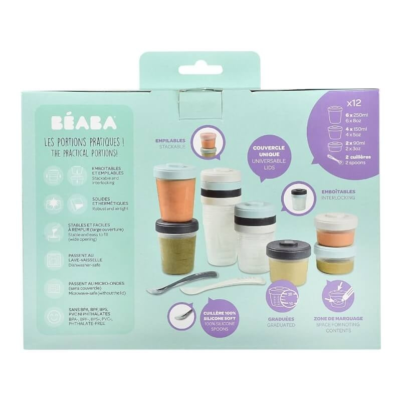 Beaba Expert Pack Meal & Food Storage Set - 12 Clip Portions + 2 Silicone Spoons - Storm