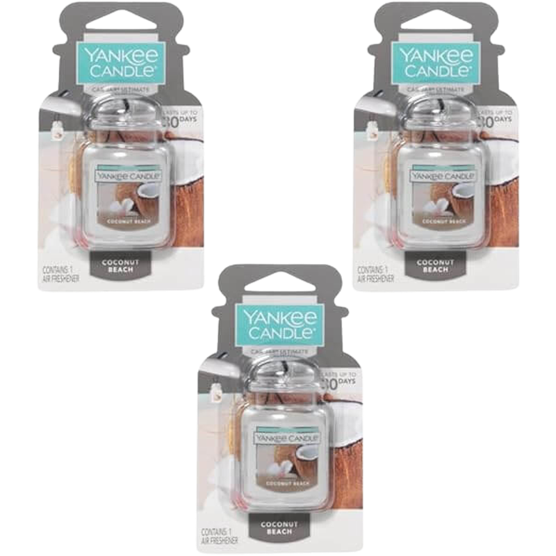 Yankee Candle Car Air Fresheners, Ultimate 3-pack Hanging Car Jar (Coconut Beach)
