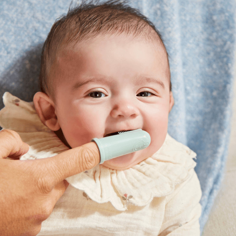 Matchstick Monkey Finger Toothbrush With Portable Case - Grey & Mint Green